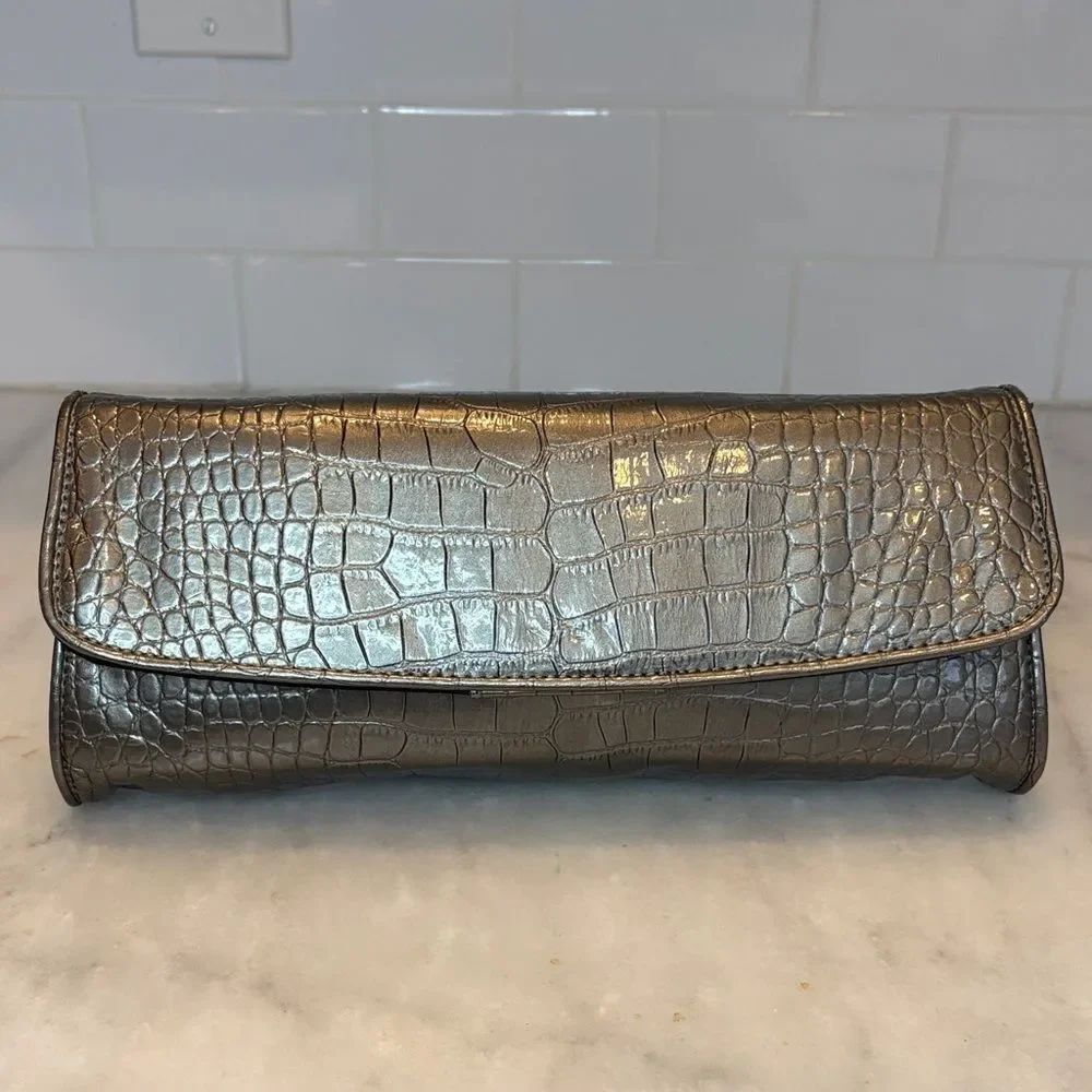 Ann Taylor LOFT purse silver metallic crocodile-embossed envelope clutch bag